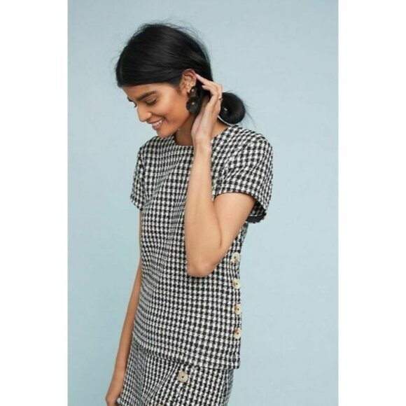 Maeve By Anthropologie Womens Short Sleeve Checked Button-Down Top Size 14 Black - Picture 1 of 8